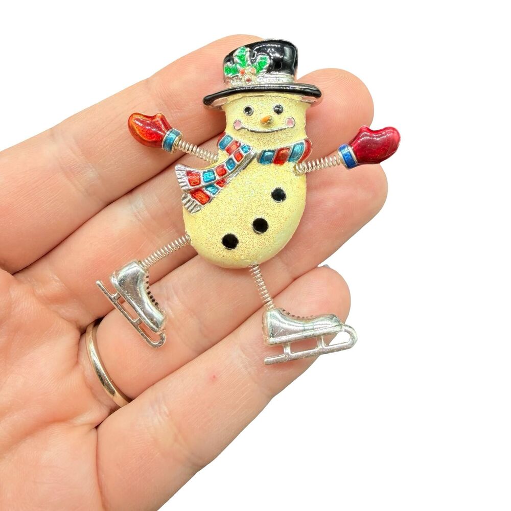 Vintage Skating Snowman Brooch Christmas Pin